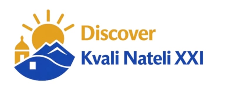 Discover Kvali Nateli XXI logo featuring sun, church tower, and mountain landscape in gold and blue
