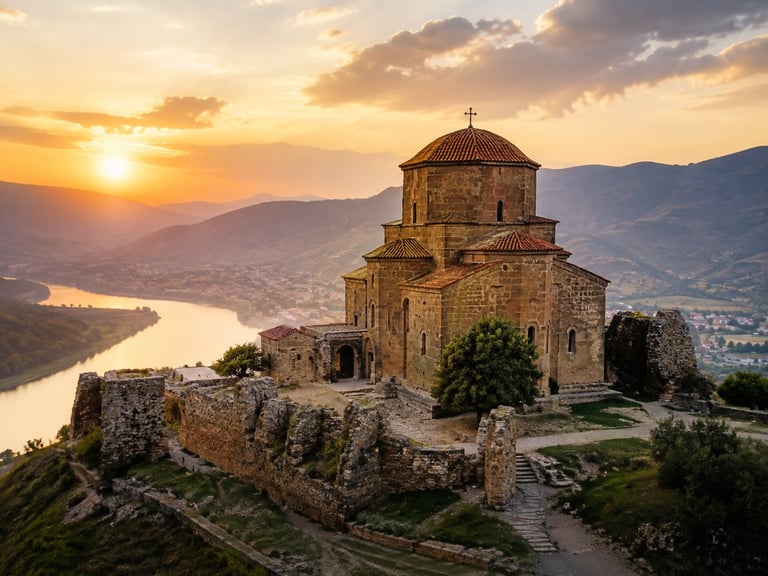 Ancient stone church with domed roof on hilltop overlooking river valley at sunset with mountains in background