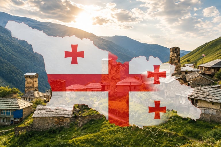 Georgian flag with red crosses overlaid on mountainous valley landscape with historic stone towers and buildings