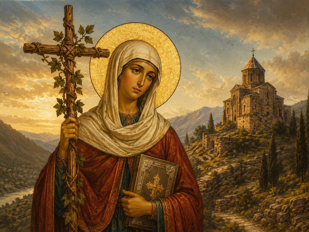 Religious icon depicting a saint in white headscarf and red robe holding a cross and book, with golden halo and mountain monastery in background