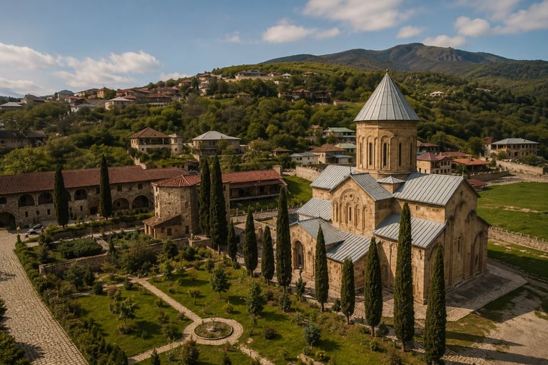 Aerial view of a medieval stone church with conical dome surrounded by cypress trees and green landscaping in a mountainous region