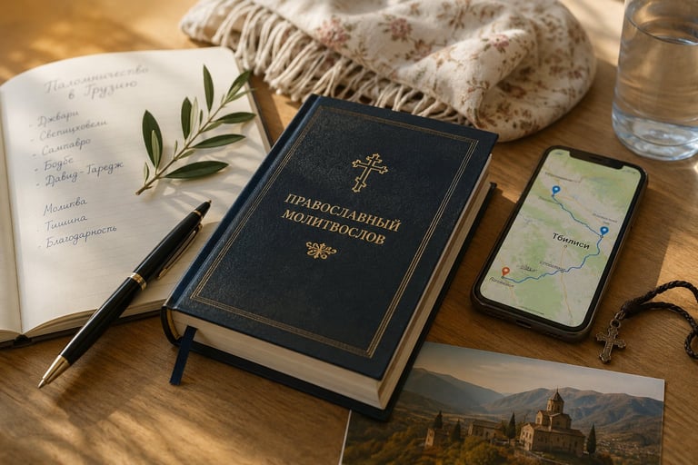 Flat lay of books and travel items on wooden desk including a leather-bound journal, dark religious text, smartphone with map, notebook with pen, olive branch, postcard of mountains, and glass of water