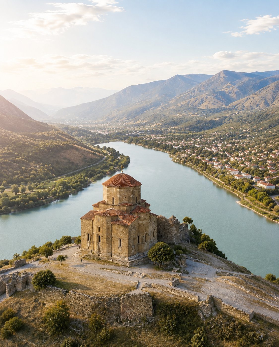 Ancient stone church on a hilltop overlooking a turquoise river and mountain valley with green vegetation