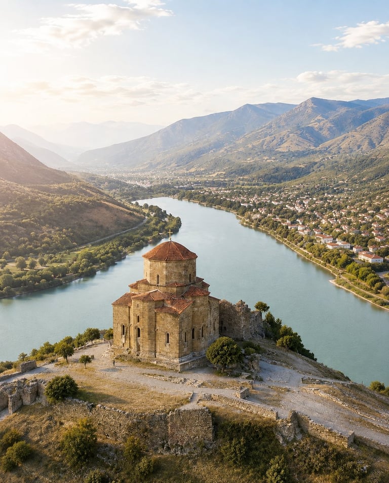 Ancient stone church on a hilltop overlooking a turquoise river and mountain valley with green vegetation