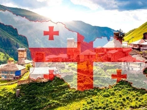 Swiss flag with red cross overlaid on Alpine mountain village landscape with green valleys