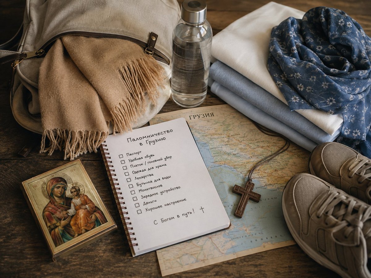 Travel planning flatlay with checklist, map, religious icon, passport, scarves, boots, water bottle and various travel essentials arranged on wooden surface