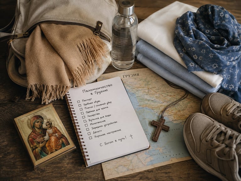 Travel planning flatlay with checklist, map, religious icon, passport, scarves, boots, water bottle and various travel essentials arranged on wooden surface