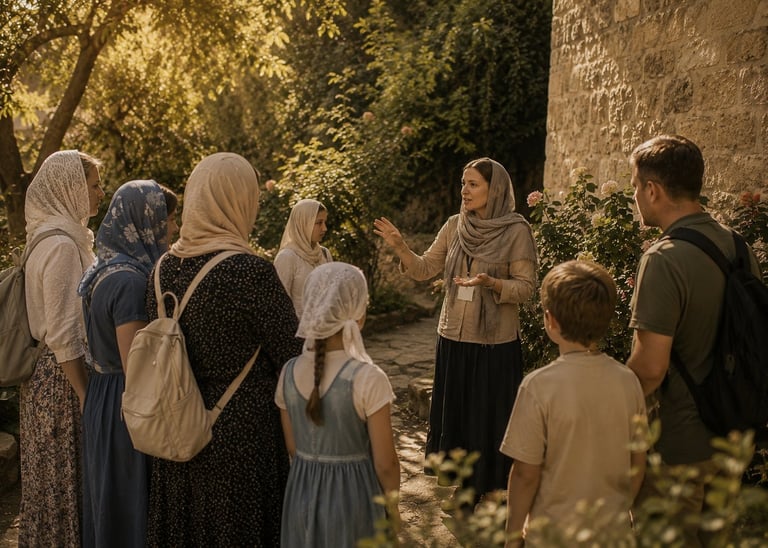 A woman in a headscarf gestures while speaking to a group of children wearing headscarves in an ivy-covered outdoor courtyard