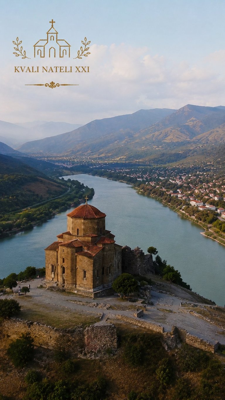 Ancient stone church with red dome on rocky outcrop overlooking turquoise river and mountains