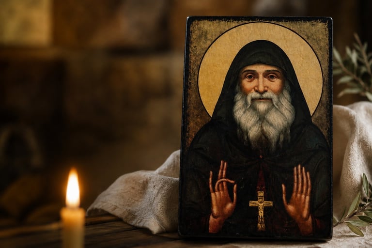 Icon of a bearded saint with a halo wearing black robes and holding a cross, displayed with candles and religious items