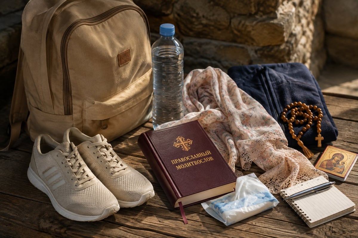 Travel essentials laid out on wooden surface including beige backpack, white sneakers, water bottle, passport, prayer beads, and personal items