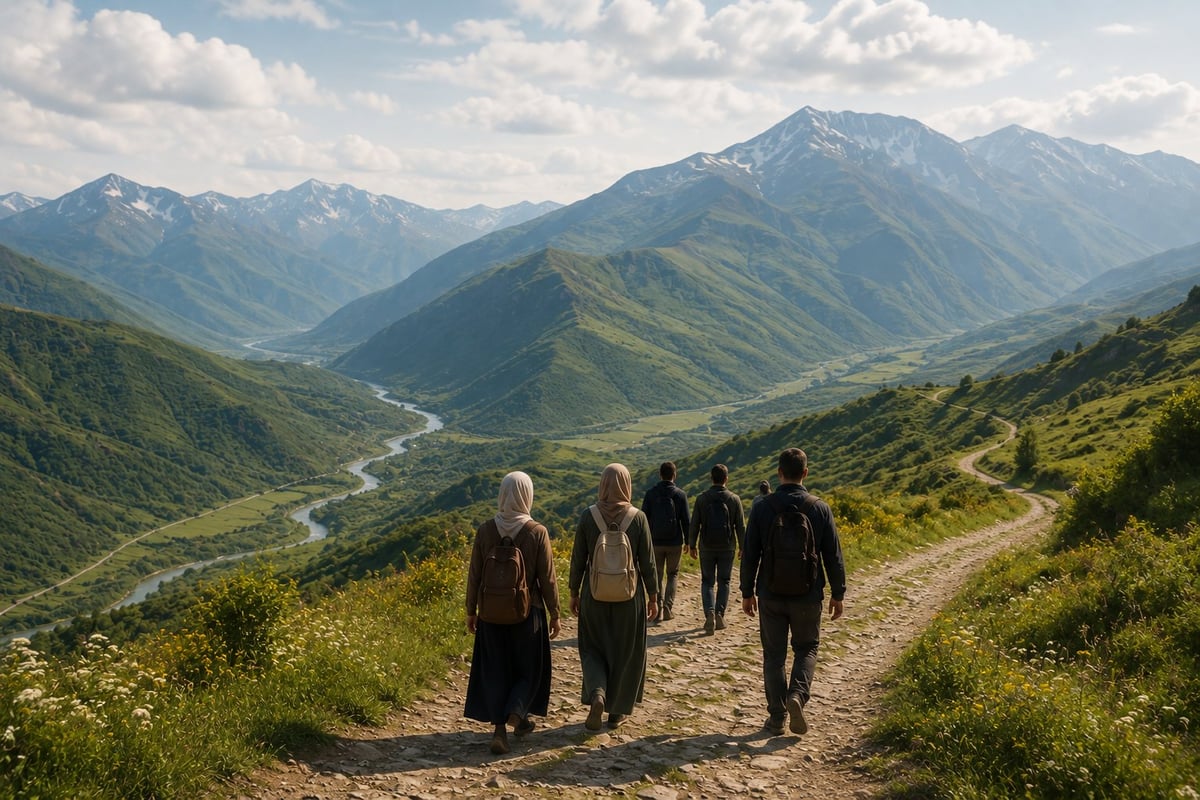 Group of five hikers walking on a mountain trail overlooking a valley with snow-capped peaks and a winding river below