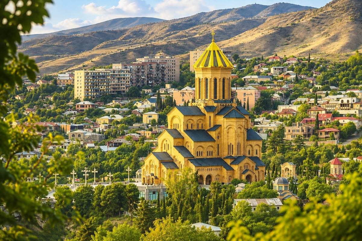 Golden domed Orthodox cathedral nestled in a hillside city surrounded by green vegetation and mountains