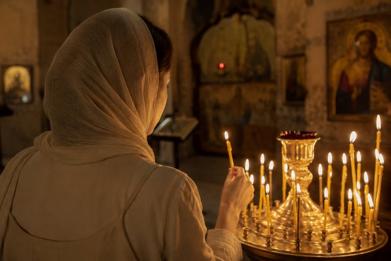 Woman wearing white headscarf lighting candles in Orthodox church with religious icons in background