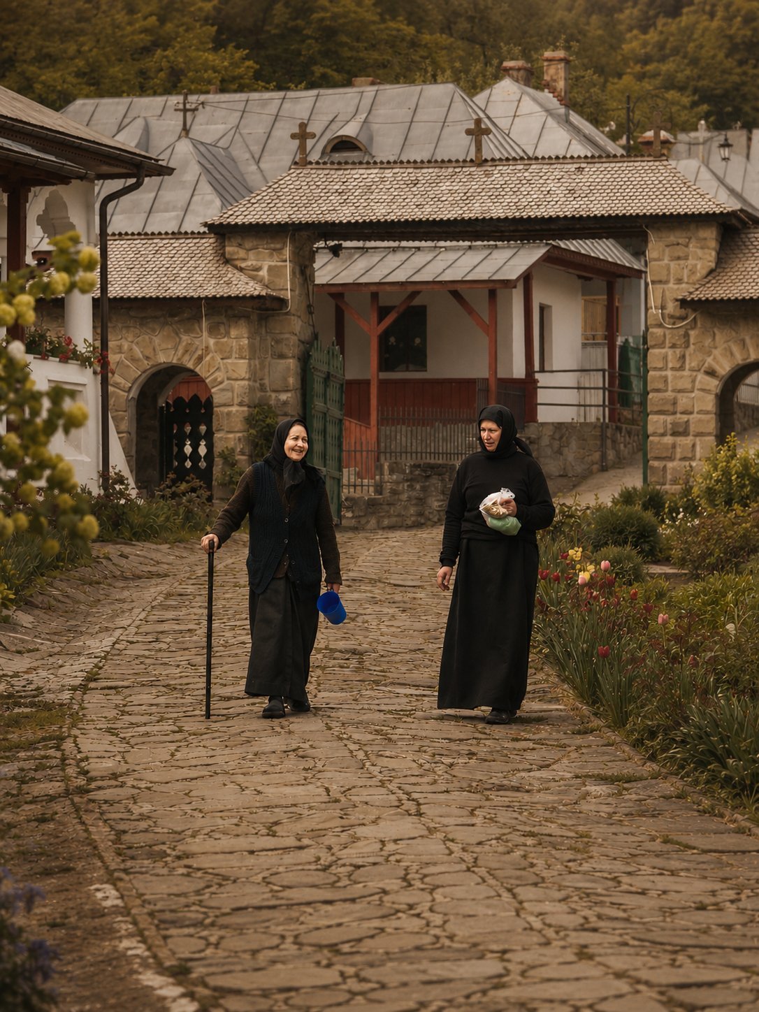 Two women in black robes walking on a stone pathway toward a historic stone building with red shutters and tiled roof