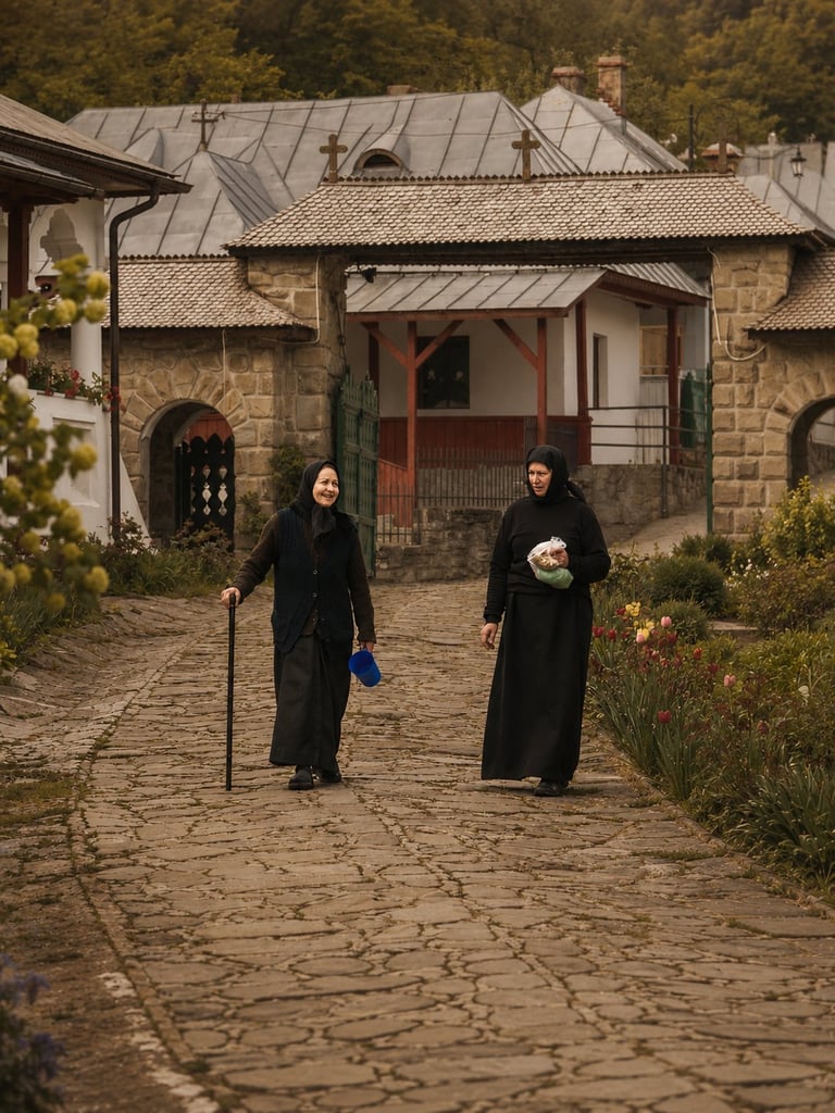 Two women in black robes walking on a stone pathway toward a historic stone building with red shutters and tiled roof