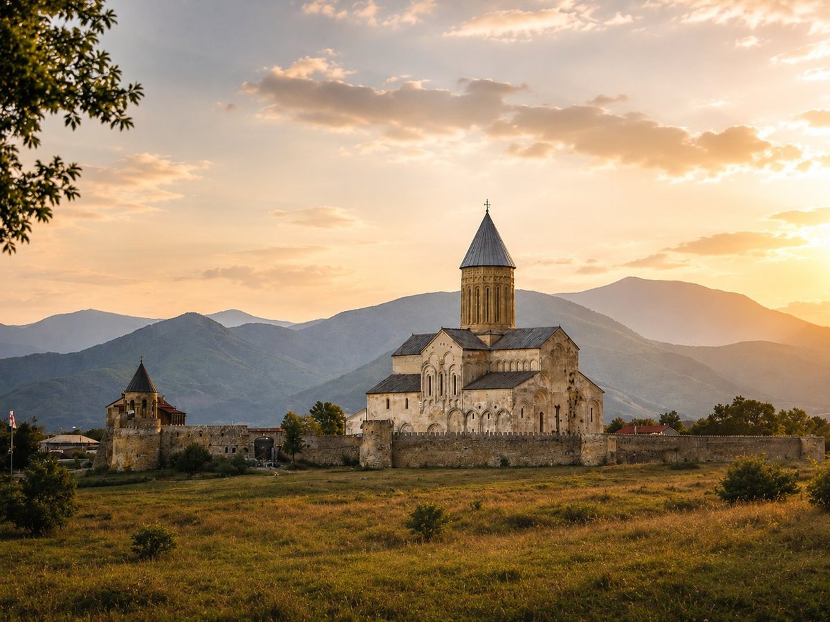 Ancient stone church with tall cone-shaped tower set in grassy valley with mountains and sunset sky in background
