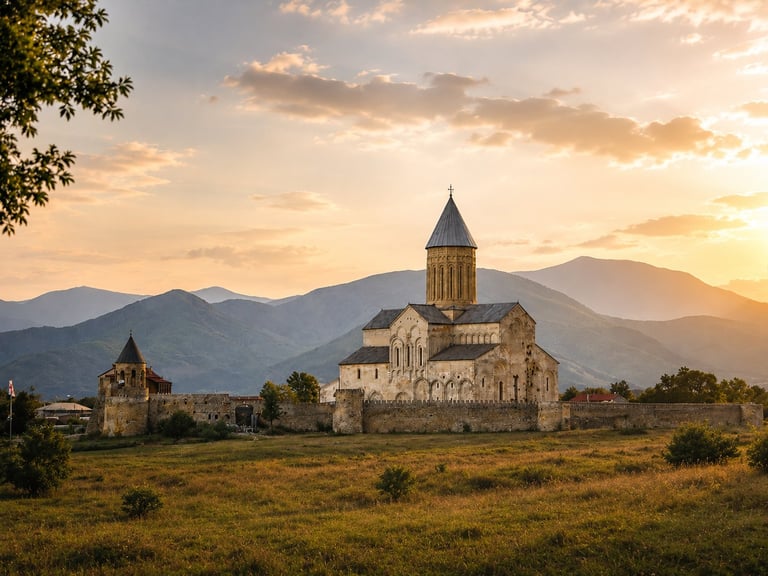 Ancient stone church with tall cone-shaped tower set in grassy valley with mountains and sunset sky in background
